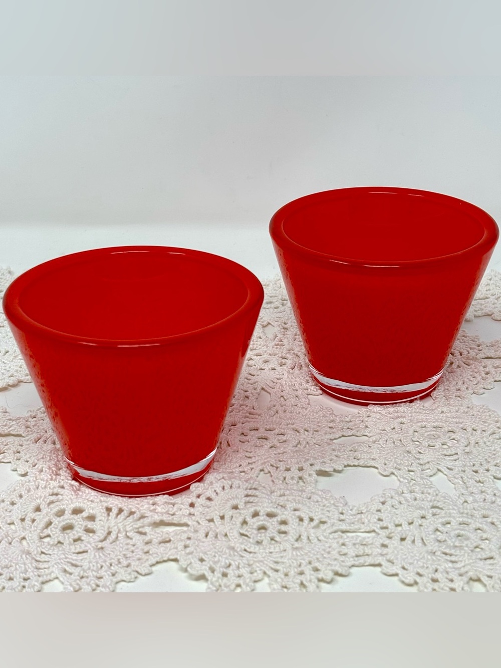 Crate & Barrel Lolli Glass Votive Candle Holders Red Tomato Germany Pair Of Two